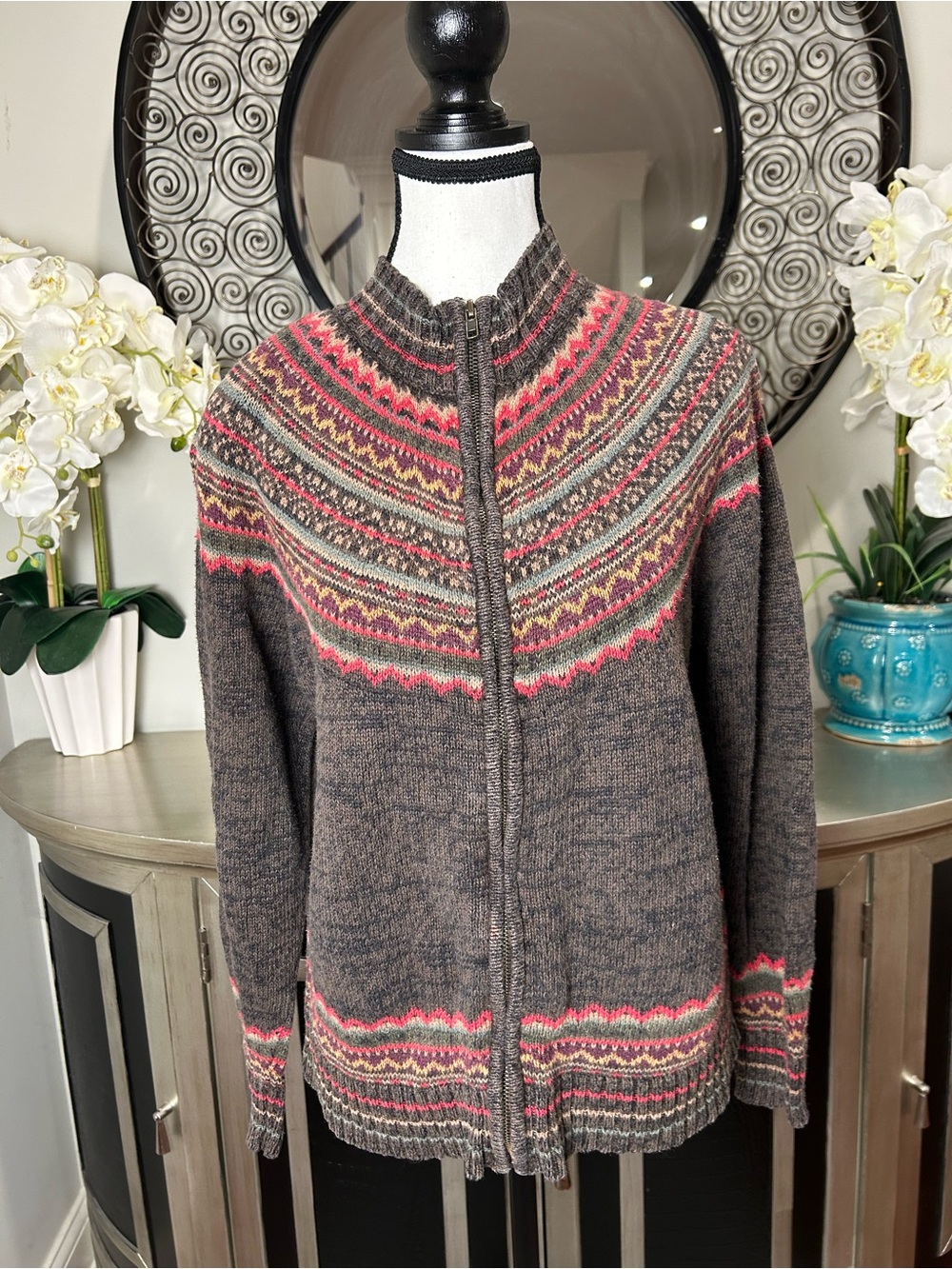 Tiara Women's Brown Zip Front Fair Isle Sweater with Pink Accents
